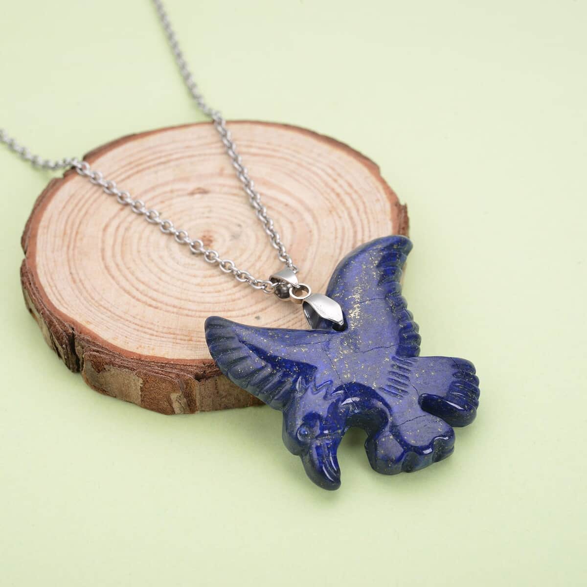 Lapis Lazuli Carved Eagle Pendant Necklace (20 Inches) in Stainless Steel 61.50 ctw image number 1