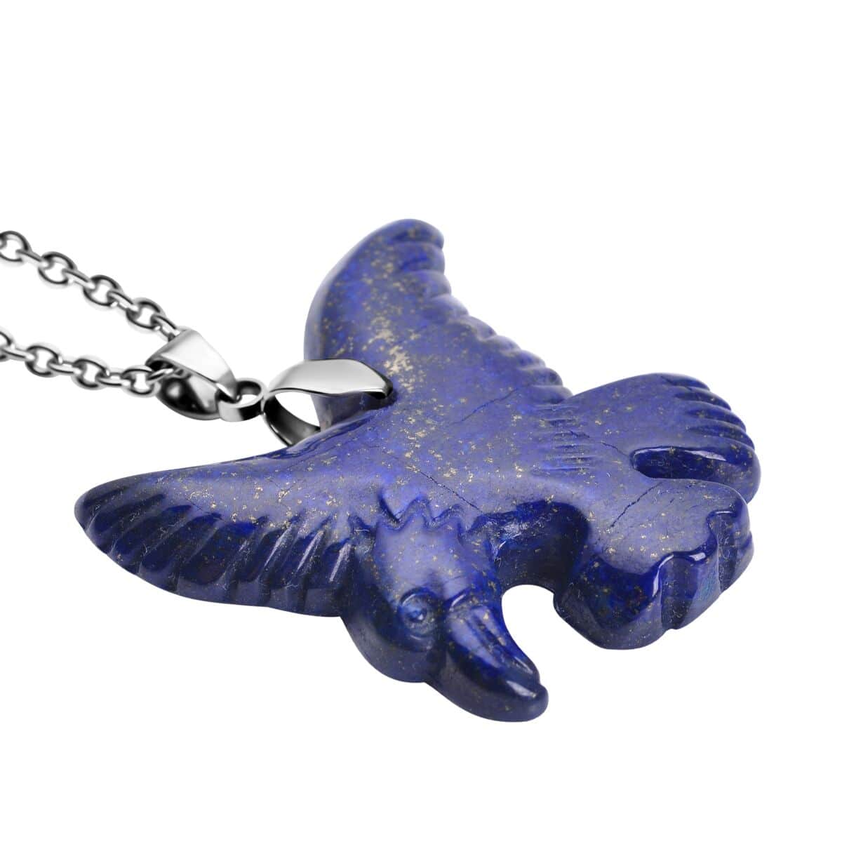 Lapis Lazuli Carved Eagle Pendant Necklace (20 Inches) in Stainless Steel 61.50 ctw image number 3