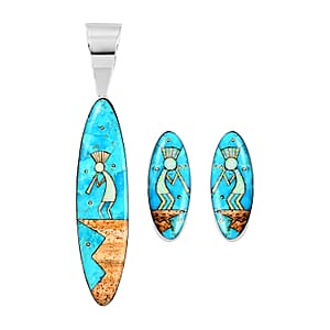 Santa Fe Style Turquoise and Multi Gemstone 9.75 ctw Kokopelli Playing Flute Earrings and Pendant without Chain in Sterling Silver