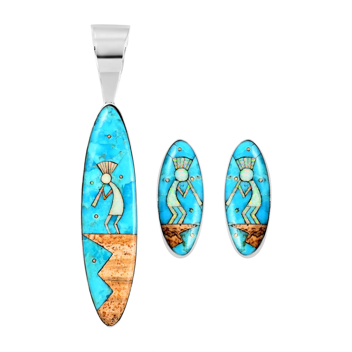 SANTA FE Style Turquoise, Multi Gemstone Kokopelli Playing Flute Earrings and Pendant in Sterling Silver 10.75 Grams 9.75 ctw image number 0