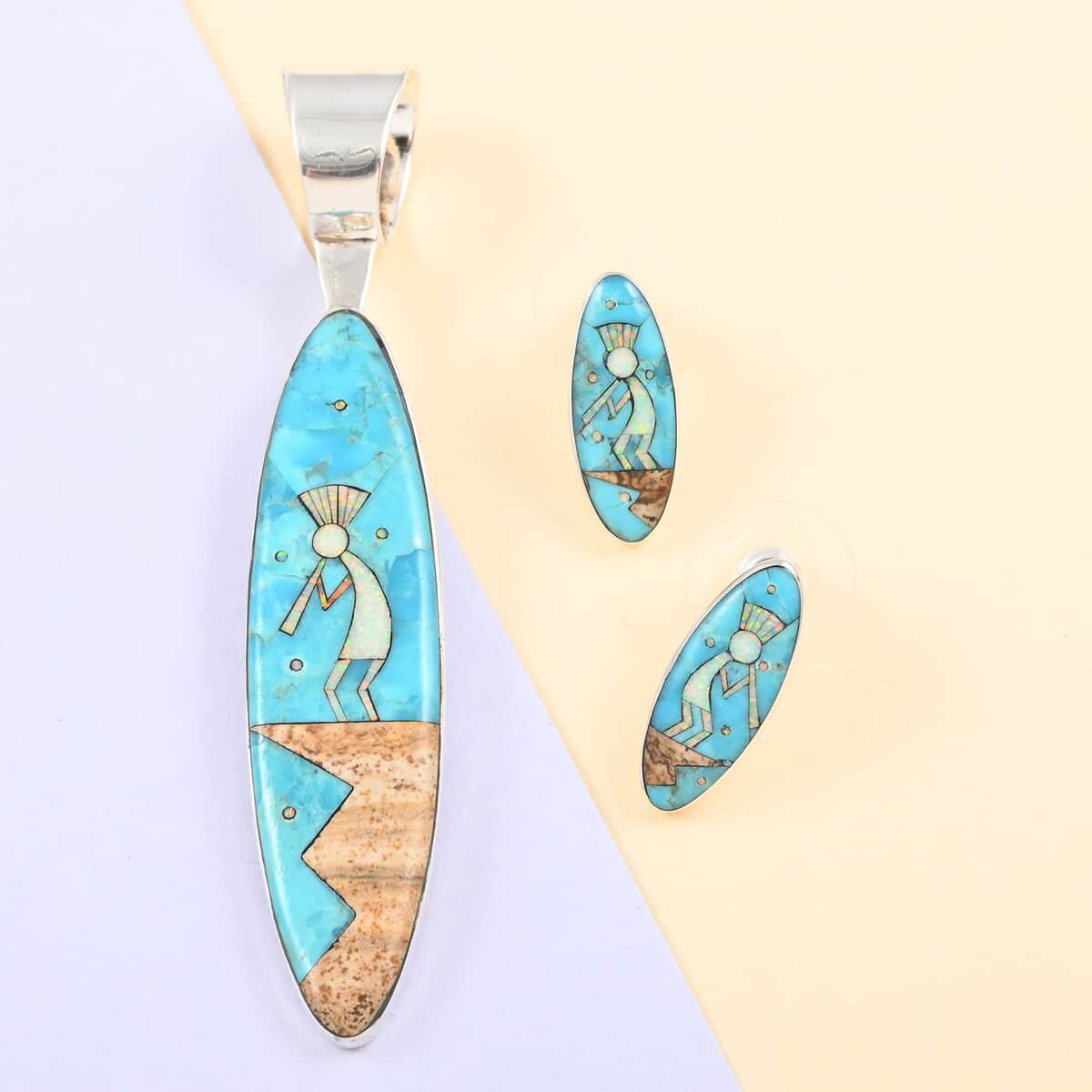 SANTA FE Style Turquoise, Multi Gemstone Kokopelli Playing Flute Earrings and Pendant in Sterling Silver 10.75 Grams 9.75 ctw image number 1