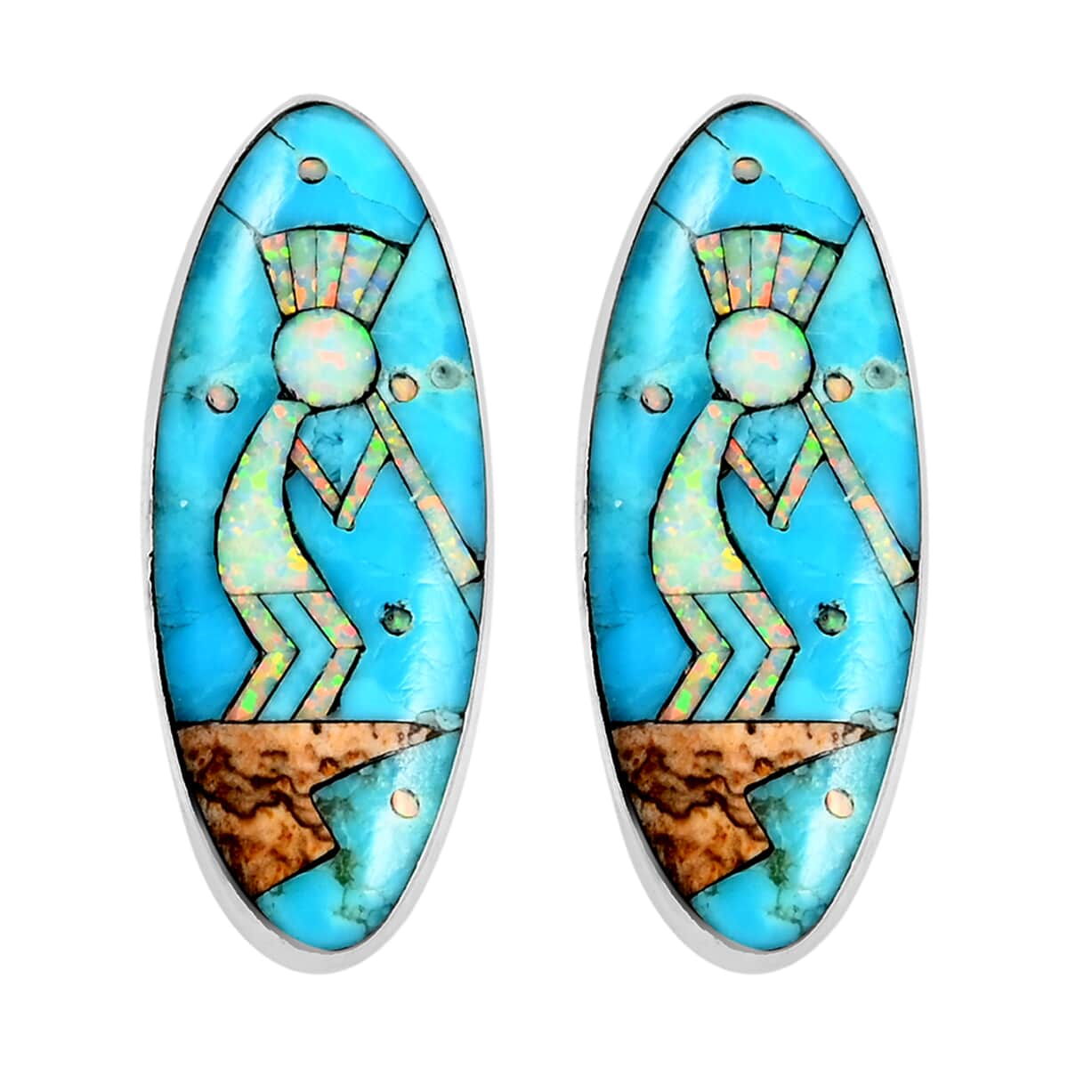 SANTA FE Style Turquoise, Multi Gemstone Kokopelli Playing Flute Earrings and Pendant in Sterling Silver 10.75 Grams 9.75 ctw image number 4