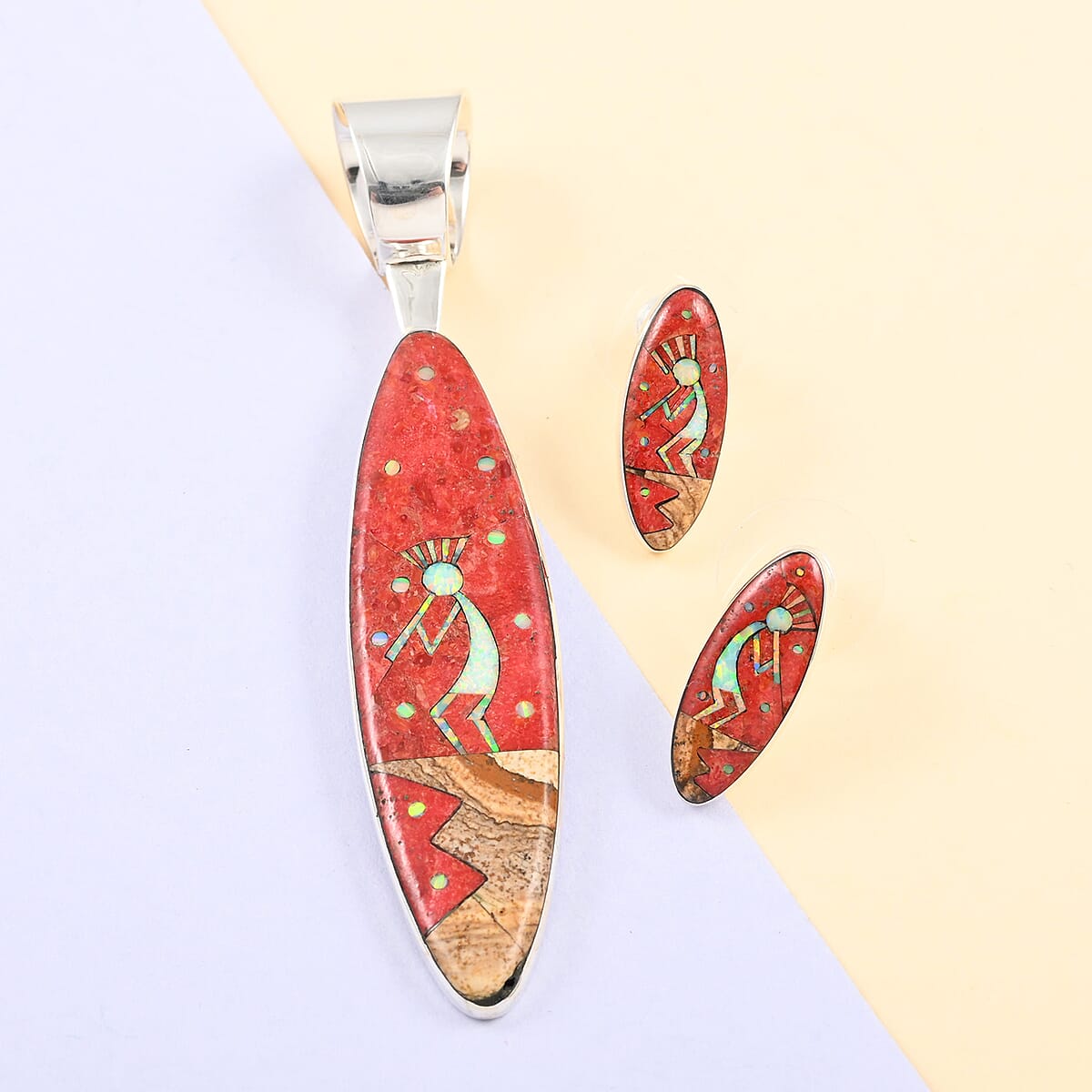 SANTA FE Style Red Spiny Oyster Shell, Multi Gemstone Kokopelli Playing Flute Earrings and Pendant in Sterling Silver 2.75 ctw image number 1