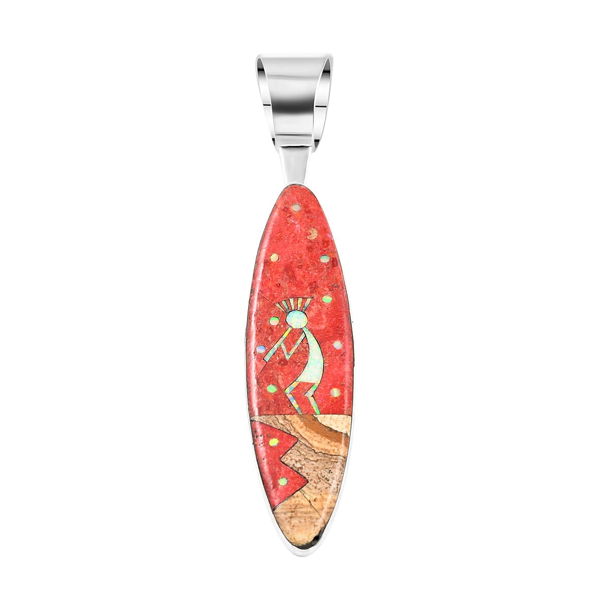 SANTA FE Style Red Spiny Oyster Shell, Multi Gemstone Kokopelli Playing Flute Earrings and Pendant in Sterling Silver 2.75 ctw image number 2