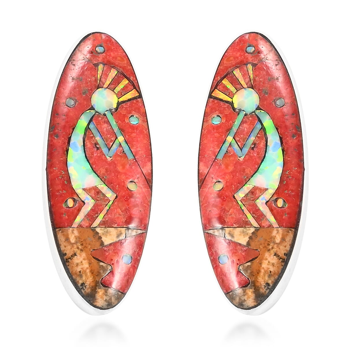 SANTA FE Style Red Spiny Oyster Shell, Multi Gemstone Kokopelli Playing Flute Earrings and Pendant in Sterling Silver 2.75 ctw image number 4