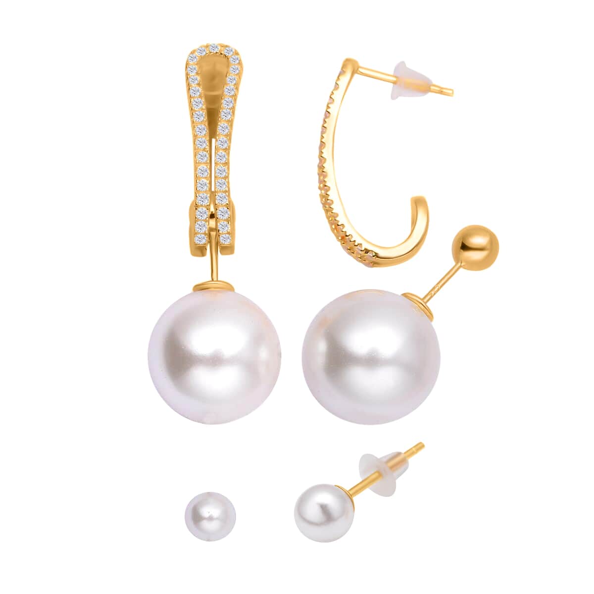Cheryl Exclusive Pick White Shell Pearl and Simulated Diamond Set of 3 J-Hoop, Drop & Stud Interchangeable Earrings in 14K Yellow Gold Over Sterling Silver 0.65 ctw image number 0