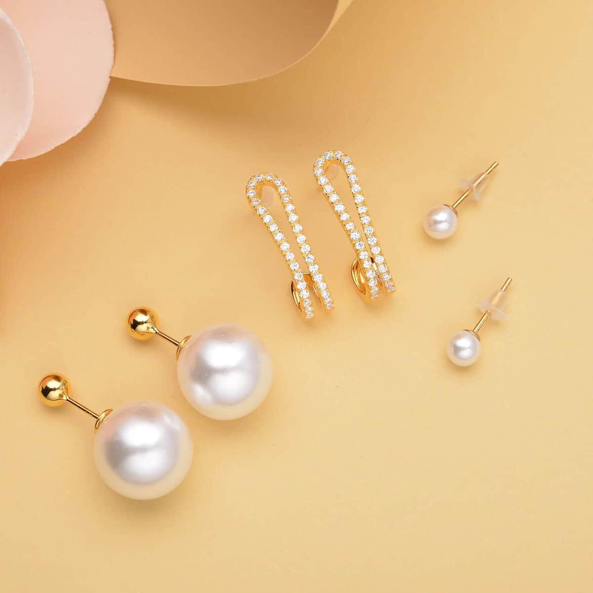 Cheryl Exclusive Pick White Shell Pearl and Simulated Diamond Set of 3 J-Hoop, Drop & Stud Interchangeable Earrings in 14K Yellow Gold Over Sterling Silver 0.65 ctw image number 1