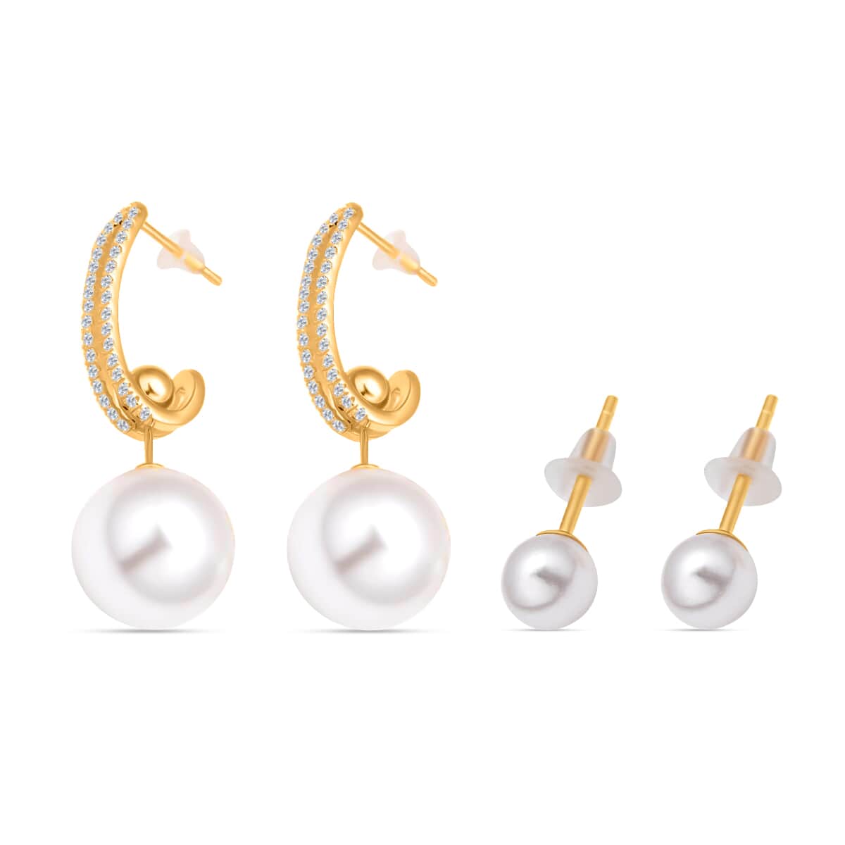Cheryl Exclusive Pick White Shell Pearl and Simulated Diamond Set of 3 J-Hoop, Drop & Stud Interchangeable Earrings in 14K Yellow Gold Over Sterling Silver 0.65 ctw image number 2