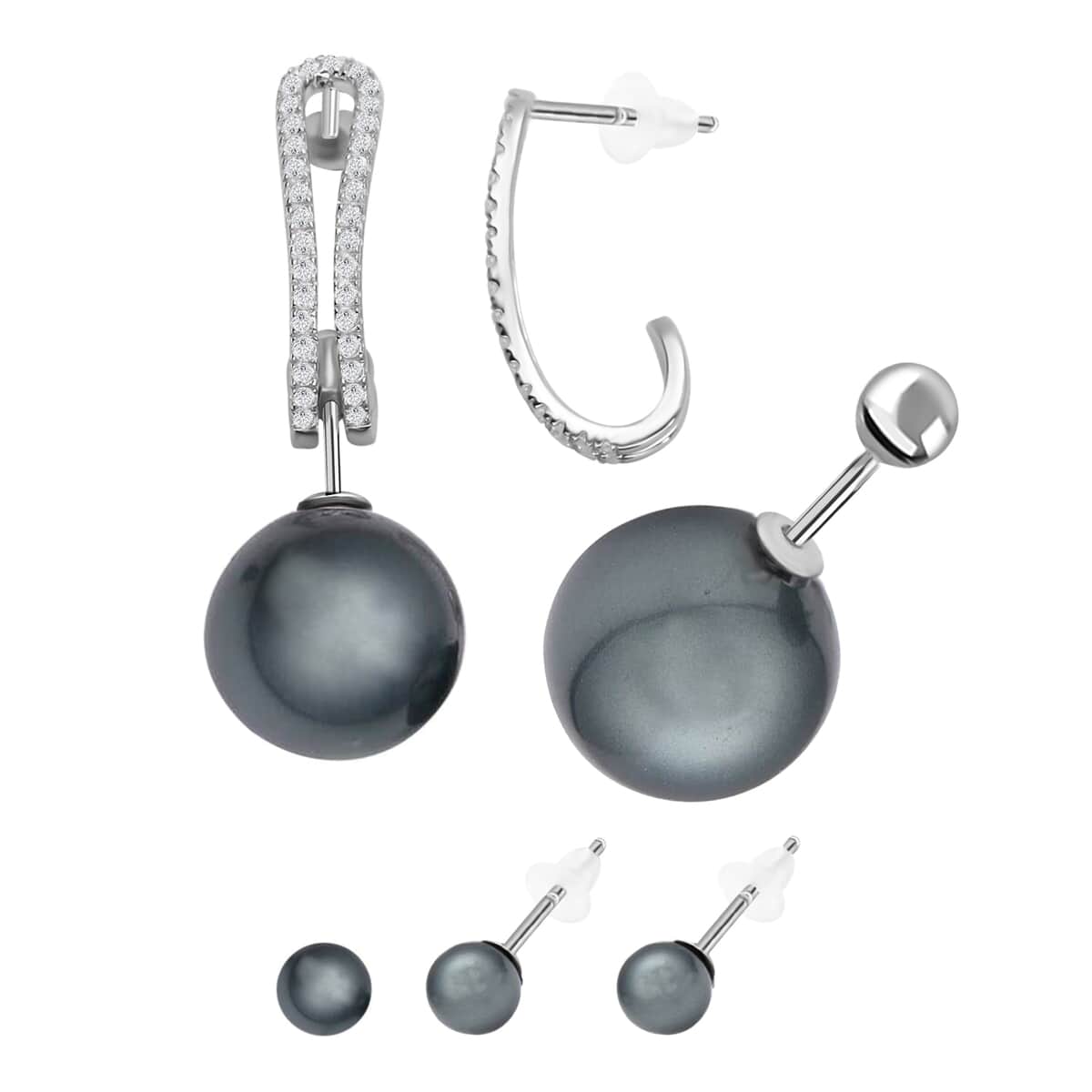 Mother’s Day Gift Tahitian Color Shell Pearl Earrings Set, Simulated Diamond Set of 3 Earrings, J-Hoop Earrings, Drop Earrings, Stud Interchangeable Earrings, Rhodium Over Sterling Silver Earrings 0.65 ctw image number 0