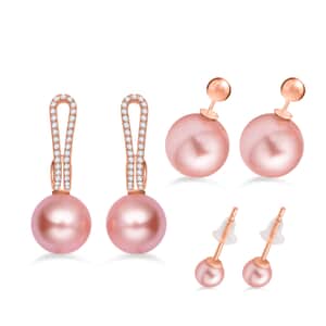 Mother’s Day Gift Cheryl Exclusive Pick Peach Shell Pearl and Simulated Diamond Set of 3 J-Hoop, Drop & Stud Interchangeable Earrings in 14K Rose Gold Over Sterling Silver 0.65 ctw