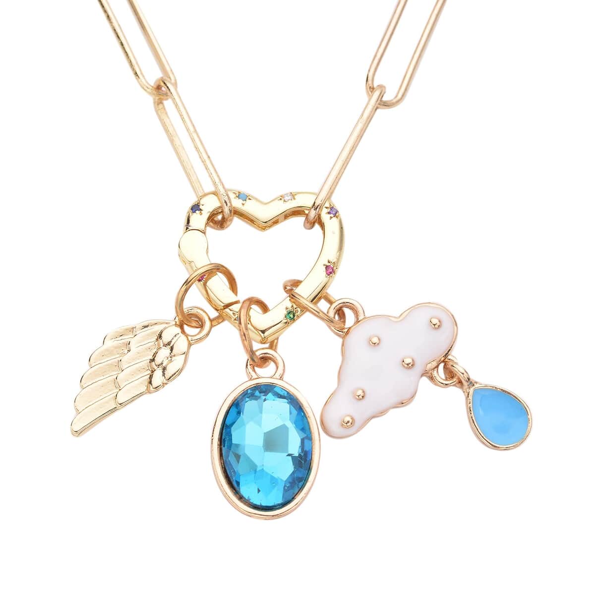 Simulated Blue Topaz, Multi Color Simulated Diamond, Enameled Paper Clip Chain Necklace 20 Inches with Cloud & Angel Wing Charm in Goldtone image number 0