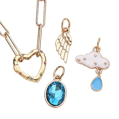 Simulated Blue Topaz, Multi Color Simulated Diamond, Enameled Paper Clip Chain Necklace 20 Inches with Cloud & Angel Wing Charm in Goldtone