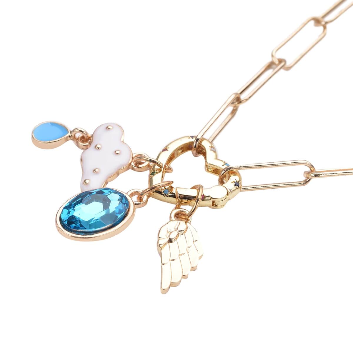 Simulated Blue Topaz, Multi Color Simulated Diamond, Enameled Paper Clip Chain Necklace 20 Inches with Cloud & Angel Wing Charm in Goldtone image number 3