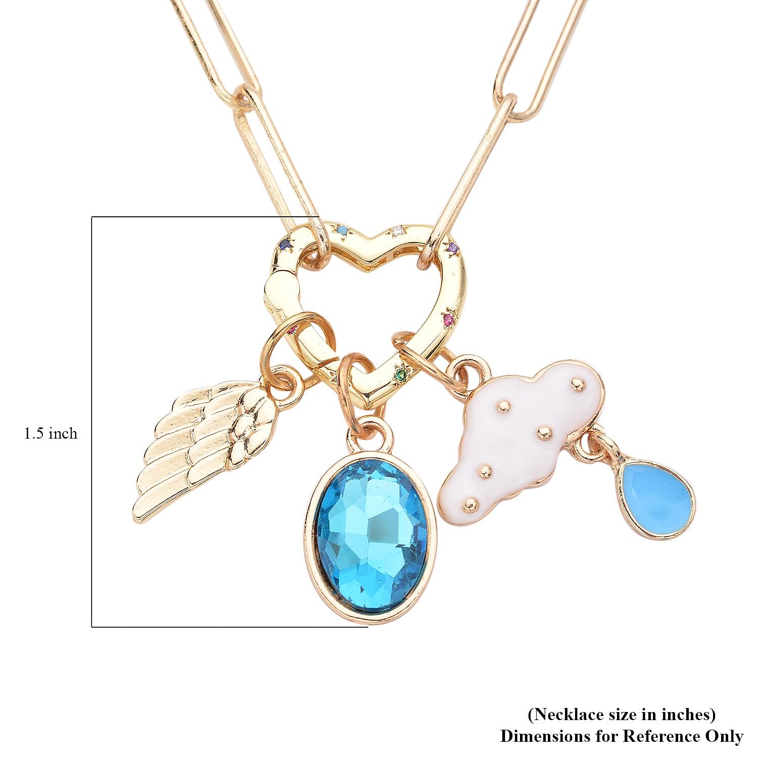 Simulated Blue Topaz, Multi Color Simulated Diamond, Enameled Paper Clip Chain Necklace 20 Inches with Cloud & Angel Wing Charm in Goldtone