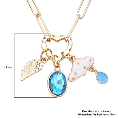 Simulated Blue Topaz, Multi Color Simulated Diamond, Enameled Paper Clip Chain Necklace 20 Inches with Cloud & Angel Wing Charm in Goldtone