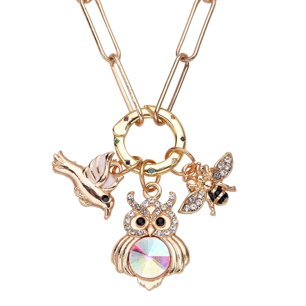 Multi Color Simulated Diamond, Multi Gemstone, Enameled Paper Clip Chain Necklace 20 Inches with Sparrow, Owl & Honeybee Charm in Goldtone image number 0