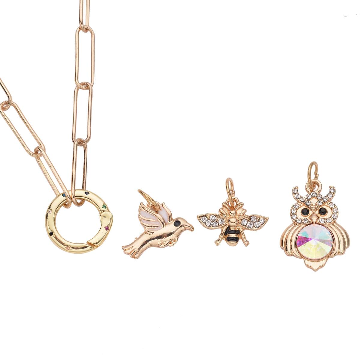 Multi Color Simulated Diamond, Multi Gemstone, Enameled Paper Clip Chain Necklace 20 Inches with Sparrow, Owl & Honeybee Charm in Goldtone image number 2