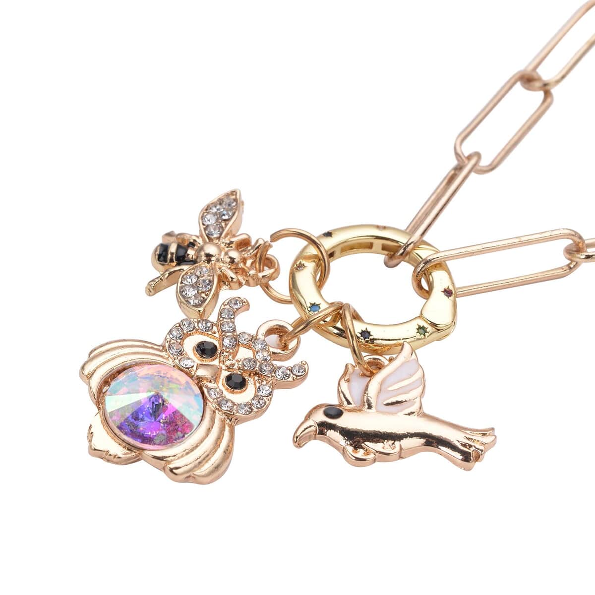 Multi Color Simulated Diamond, Multi Gemstone, Enameled Paper Clip Chain Necklace 20 Inches with Sparrow, Owl & Honeybee Charm in Goldtone image number 3