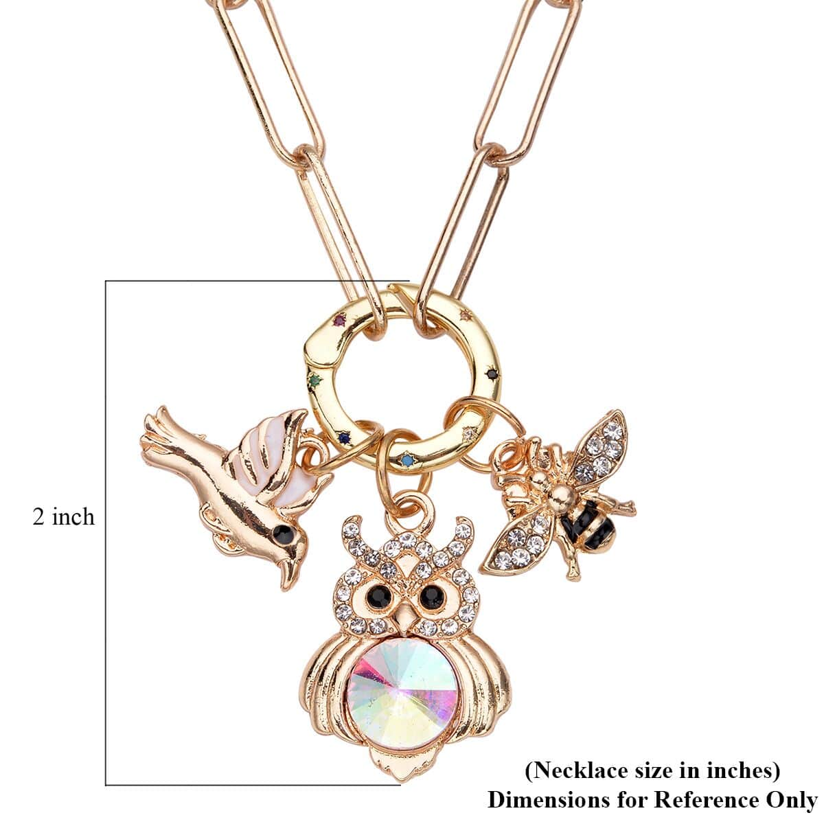 Multi Color Simulated Diamond, Multi Gemstone, Enameled Paper Clip Chain Necklace 20 Inches with Sparrow, Owl & Honeybee Charm in Goldtone image number 4