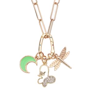 Multi Color Simulated Diamond, Austrian Crystal, Enameled Paper Clip Chain Necklace 20 Inches with Crescent Moon & Dragonfly Charm in Goldtone