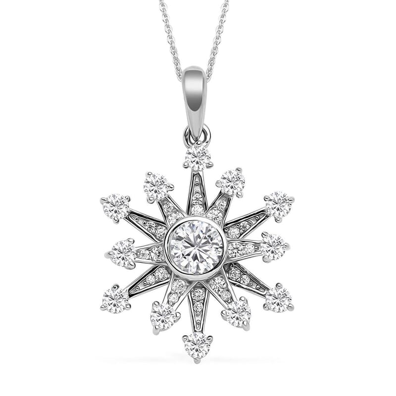 Simulated Diamond Star Burst Inspired Spinner Starburst Snowflake Pendant in Rhodium Over Sterling Silver with Stainless Steel Necklace (20 Inches) 1.50 ctw