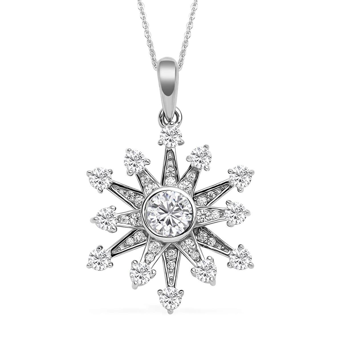 Simulated Diamond Star Burst Inspired Spinner Starburst Snowflake Pendant in Rhodium Over Sterling Silver with Stainless Steel Necklace (20 Inches) 1.50 ctw image number 0