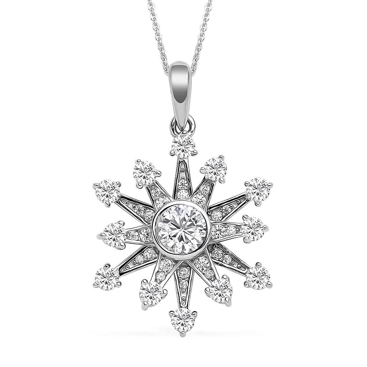 Simulated Diamond Star Burst Inspired Spinner Starburst Snowflake Pendant in Rhodium Over Sterling Silver with Stainless Steel Necklace (20 Inches) 1.50 ctw image number 0