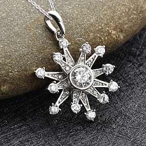 Simulated Diamond Star Burst Inspired Spinner Starburst Snowflake Pendant in Rhodium Over Sterling Silver with Stainless Steel Necklace (20 Inches) 1.50 ctw
