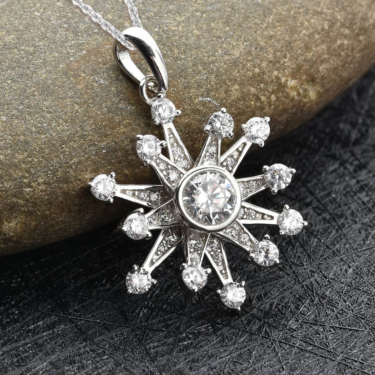 Simulated Diamond Star Burst Inspired Spinner Starburst Snowflake Pendant in Rhodium Over Sterling Silver with Stainless Steel Necklace (20 Inches) 1.50 ctw image number 1