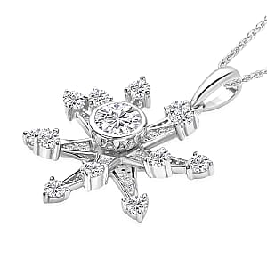 Simulated Diamond Star Burst Inspired Spinner Starburst Snowflake Pendant in Rhodium Over Sterling Silver with Stainless Steel Necklace (20 Inches) 1.50 ctw