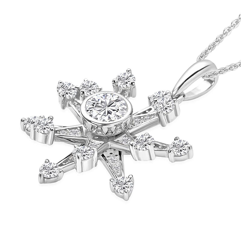 Simulated Diamond Star Burst Inspired Spinner Starburst Snowflake Pendant in Rhodium Over Sterling Silver with Stainless Steel Necklace (20 Inches) 1.50 ctw