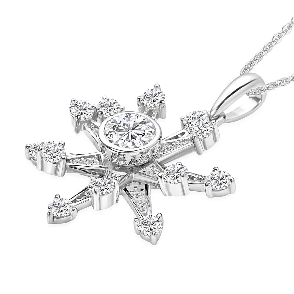 Simulated Diamond Star Burst Inspired Spinner Starburst Snowflake Pendant in Rhodium Over Sterling Silver with Stainless Steel Necklace (20 Inches) 1.50 ctw image number 3