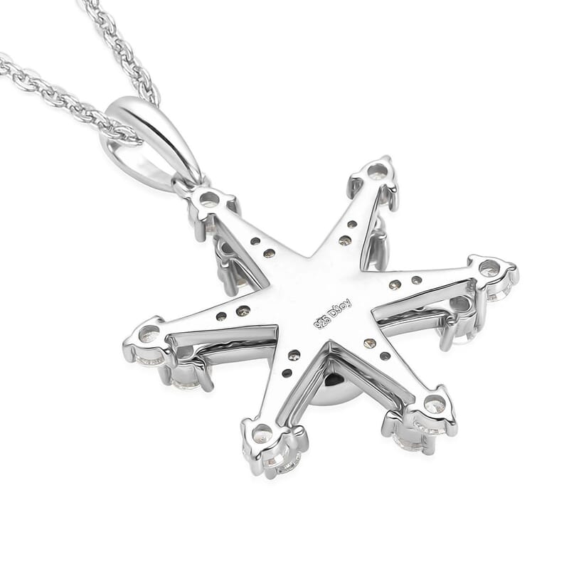 Simulated Diamond Star Burst Inspired Spinner Starburst Snowflake Pendant in Rhodium Over Sterling Silver with Stainless Steel Necklace (20 Inches) 1.50 ctw