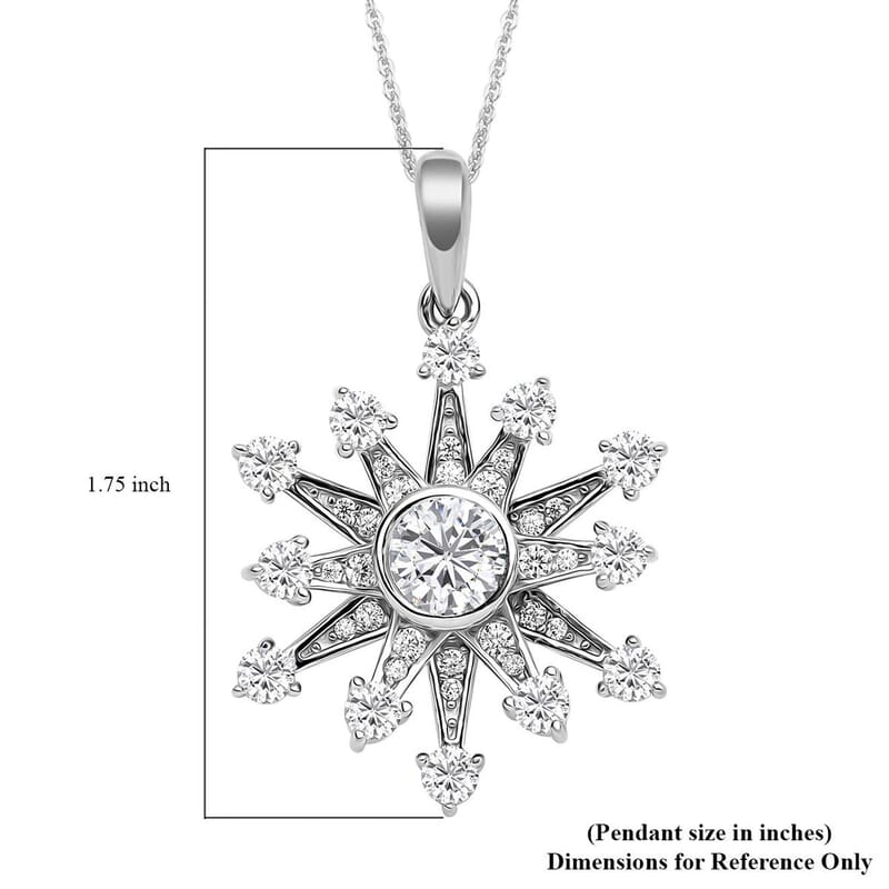 Simulated Diamond Star Burst Inspired Spinner Starburst Snowflake Pendant in Rhodium Over Sterling Silver with Stainless Steel Necklace (20 Inches) 1.50 ctw