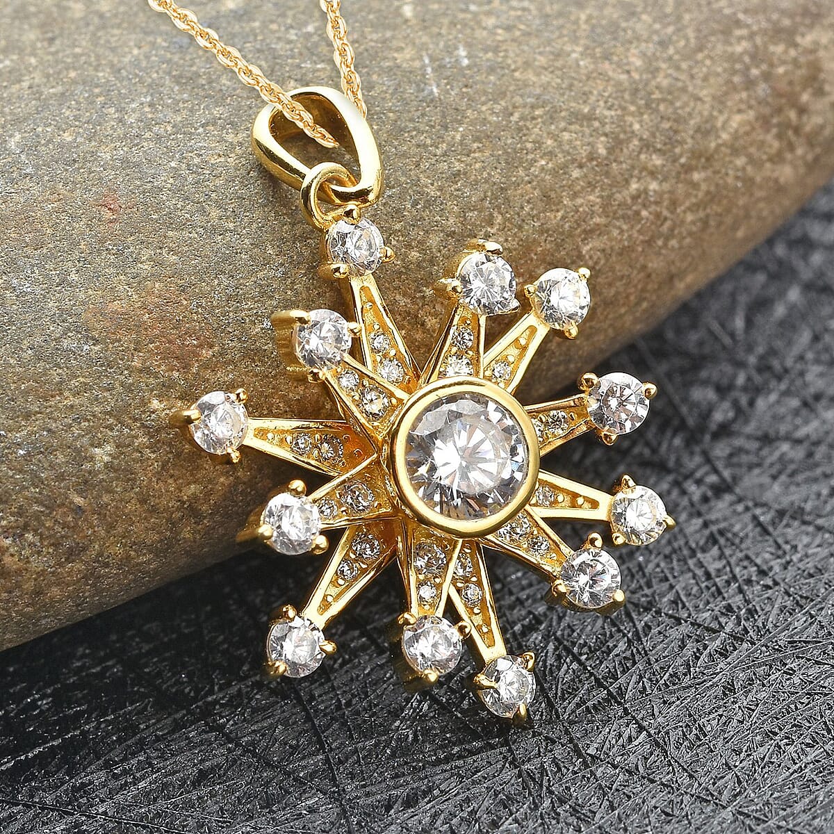 Simulated Diamond Star Burst Inspired Spinner Pendant in 14K YG Over Sterling Silver with ION Plated YG Stainless Steel Necklace (20 Inches) 1.50 ctw image number 1