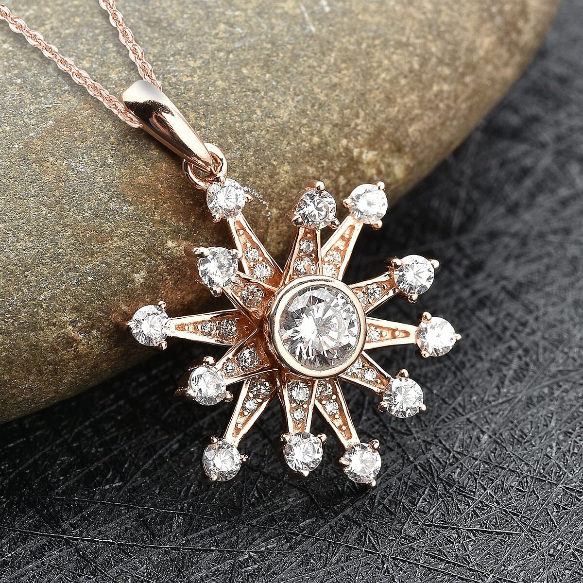 Simulated Diamond Star Burst Inspired Spinner Pendant in 14K RG Over Sterling Silver with ION Plated RG Stainless Steel Necklace (20 Inches) 1.50 ctw image number 1