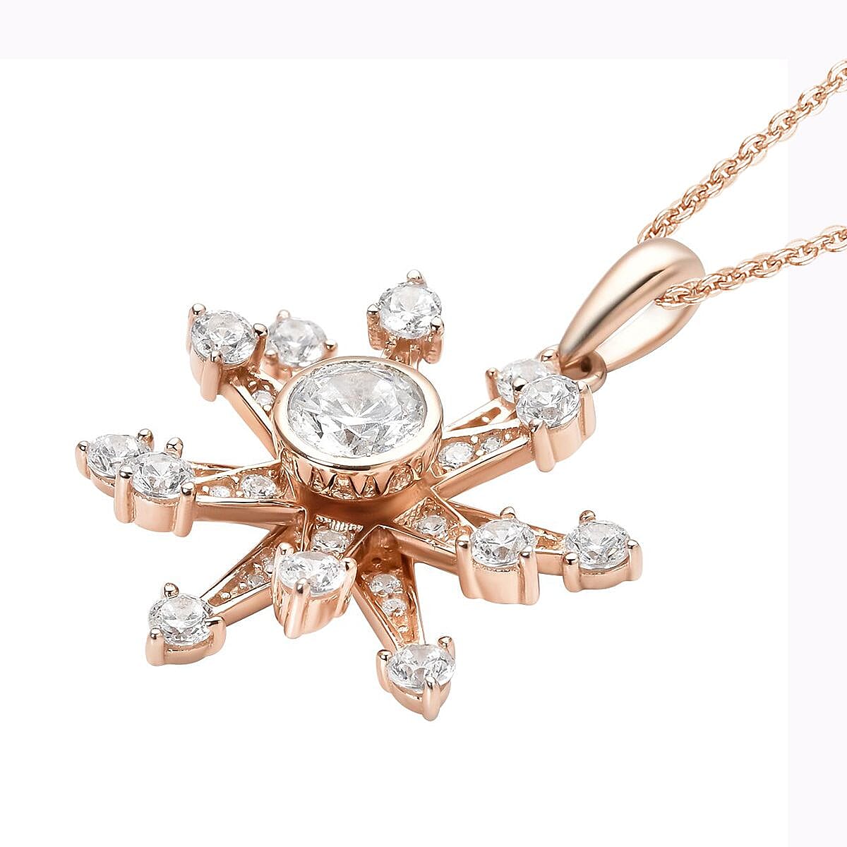 Simulated Diamond Star Burst Inspired Spinner Pendant in 14K RG Over Sterling Silver with ION Plated RG Stainless Steel Necklace (20 Inches) 1.50 ctw image number 3