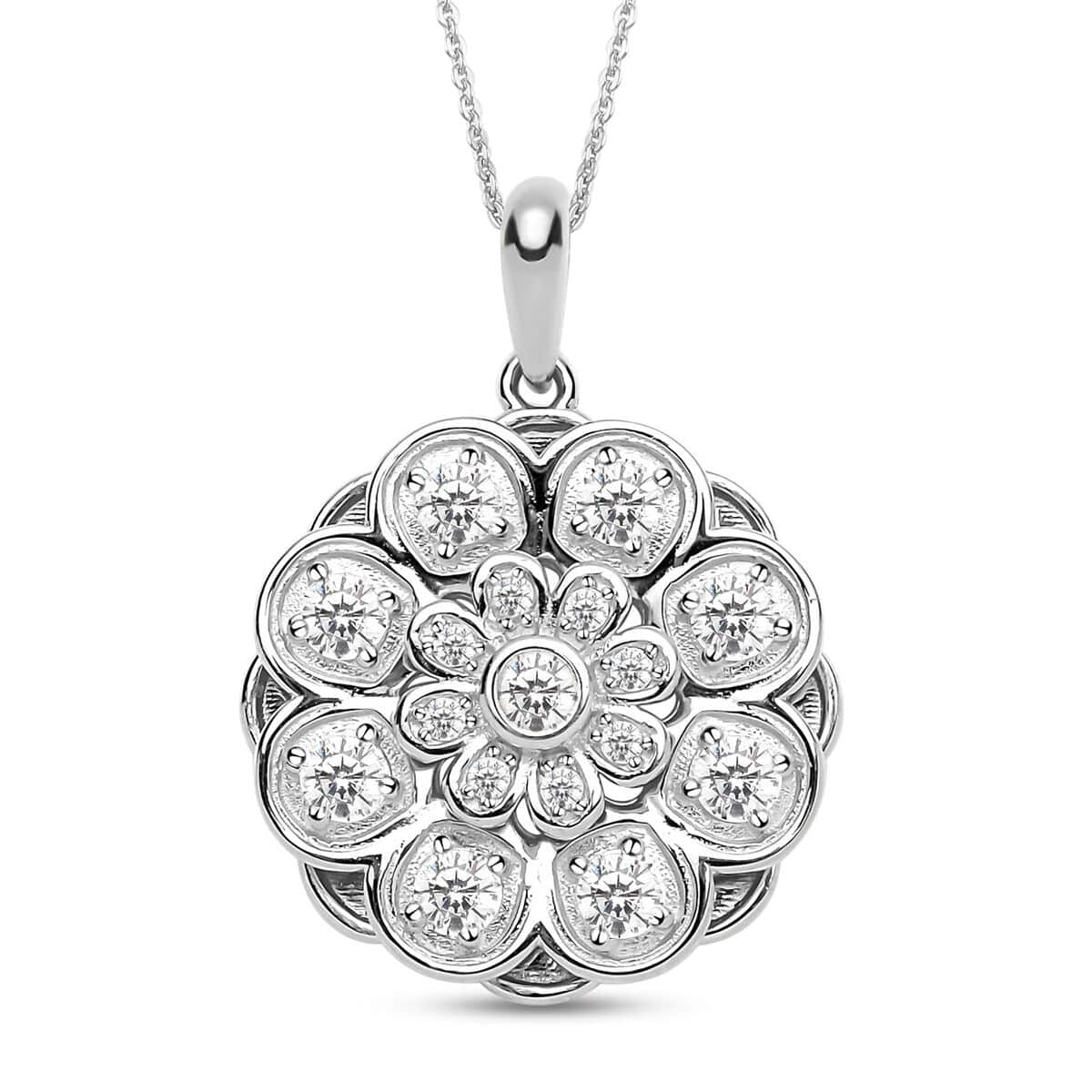 Simulated Diamond Daisy Flower Inspired Spinner Pendant Necklace 20 Inches in Rhodium Over Sterling Silver and Stainless Steel 0.90 ctw image number 0