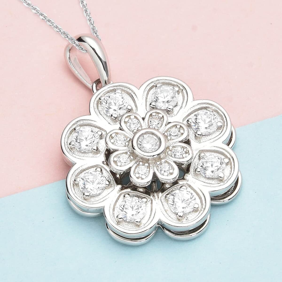 Simulated Diamond Daisy Flower Inspired Spinner Pendant Necklace 20 Inches in Rhodium Over Sterling Silver and Stainless Steel 0.90 ctw image number 1