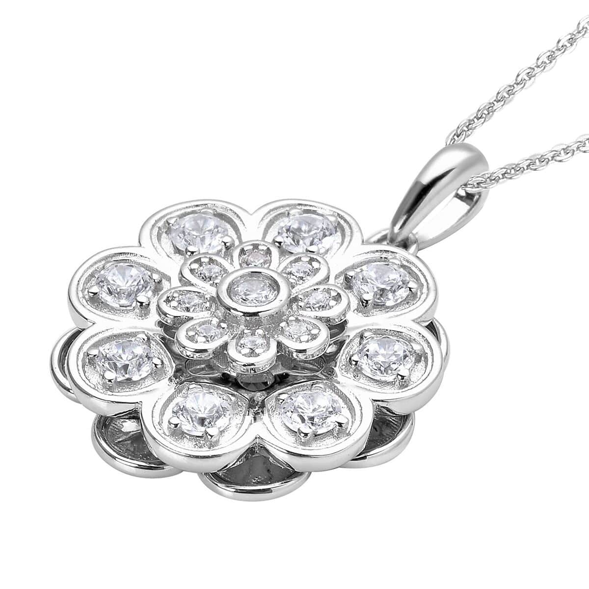 Simulated Diamond Daisy Flower Inspired Spinner Pendant Necklace 20 Inches in Rhodium Over Sterling Silver and Stainless Steel 0.90 ctw image number 3