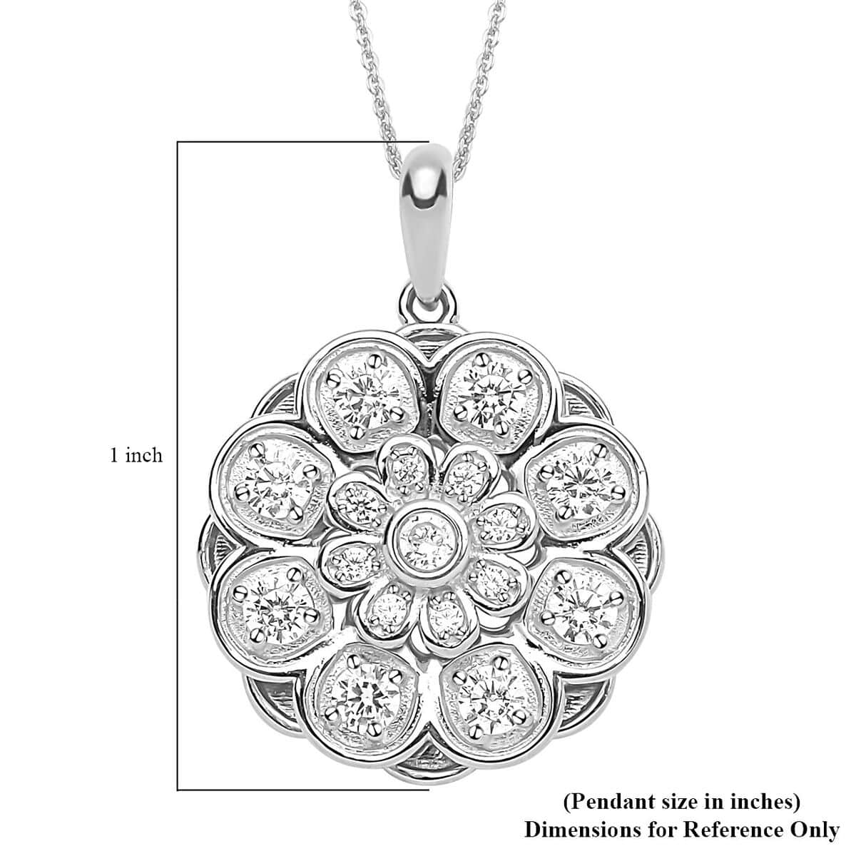 Simulated Diamond Daisy Flower Inspired Spinner Pendant Necklace 20 Inches in Rhodium Over Sterling Silver and Stainless Steel 0.90 ctw image number 5