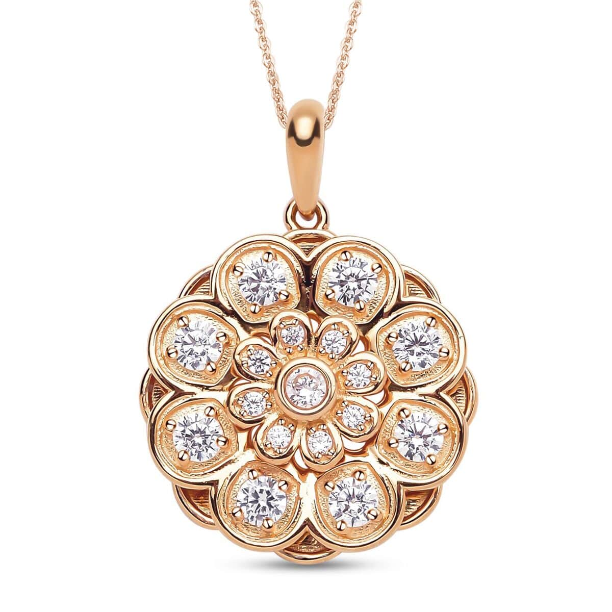 Simulated Diamond Daisy Flower Spinner Pendant in 14K Rose Gold Over Sterling Silver with ION Plated RG Stainless Steel Necklace 20 Inches 0.90 ctw image number 0