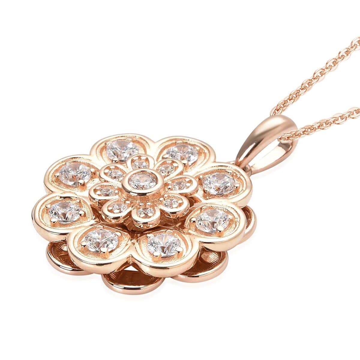 Simulated Diamond Daisy Flower Spinner Pendant in 14K Rose Gold Over Sterling Silver with ION Plated RG Stainless Steel Necklace 20 Inches 0.90 ctw image number 3