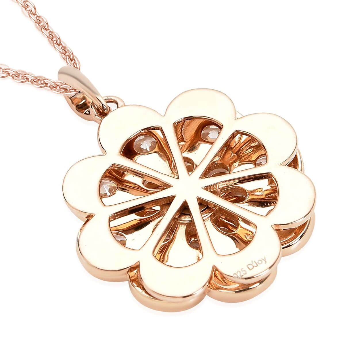 Simulated Diamond Daisy Flower Spinner Pendant in 14K Rose Gold Over Sterling Silver with ION Plated RG Stainless Steel Necklace 20 Inches 0.90 ctw image number 4