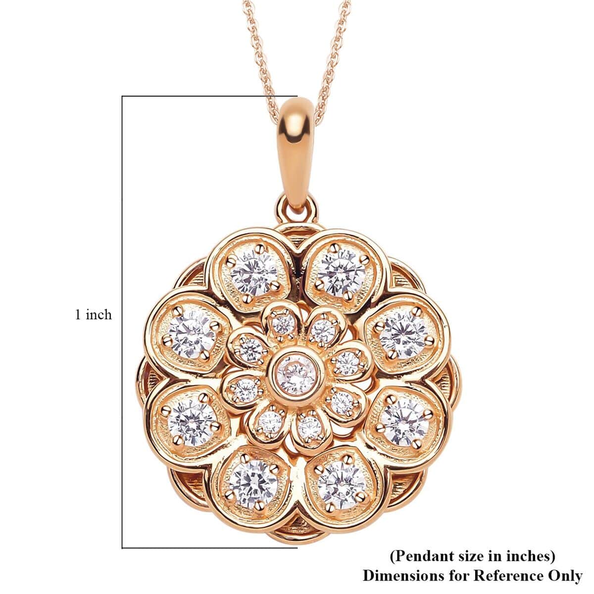 Simulated Diamond Daisy Flower Spinner Pendant in 14K Rose Gold Over Sterling Silver with ION Plated RG Stainless Steel Necklace 20 Inches 0.90 ctw image number 5