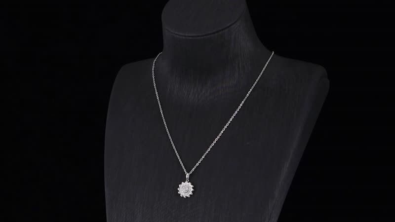 Simulated Diamond Sunflower Design Spinner Pendant Necklace 20 Inches in Rhodium Over Sterling Silver & Stainless Steel 0.65 ctw