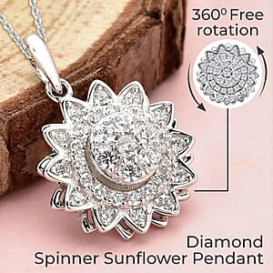 Simulated Diamond Spinner Pendant Necklace,  Sunflower Pendant Necklace, Rhodium Over Sterling Silver with ION Plated YG Stainless Steel Necklace, 20 Inch Necklace 0.65 ctw