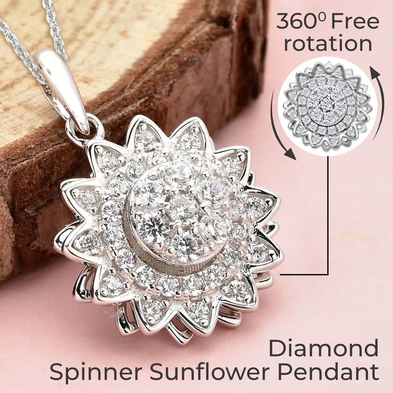 Simulated Diamond Spinner Pendant Necklace,  Sunflower Pendant Necklace, Rhodium Over Sterling Silver with ION Plated YG Stainless Steel Necklace, 20 Inch Necklace 0.65 ctw