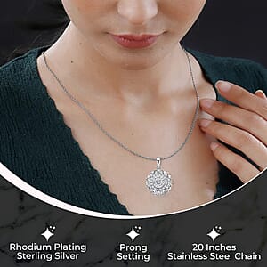 Simulated Diamond Spinner Pendant Necklace,  Sunflower Pendant Necklace, Rhodium Over Sterling Silver with ION Plated YG Stainless Steel Necklace, 20 Inch Necklace 0.65 ctw