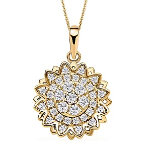 Simulated Diamond Spinner Pendant Necklace,  Sunflower Pendant Necklace, 14K YG Over Sterling Silver with ION Plated YG Stainless Steel Necklace, 20 Inch Necklace 0.65 ctw